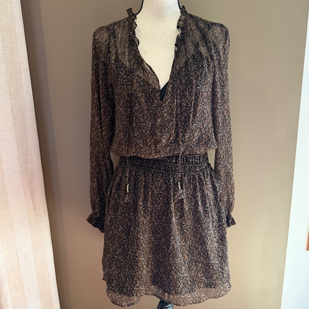 Socialite Boho Brown Floral Sheer Long Sleeve Lined Sexy Midi Dress, Size Medium